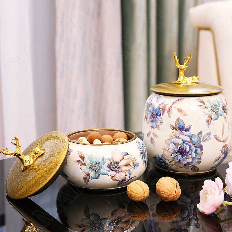 Gouden Elanden Keramische Opslag Potten Met Deksel Bloemen Decoratie Sieraden Cosmetische Organizer Jar Kaptafel Organisatie Tanks