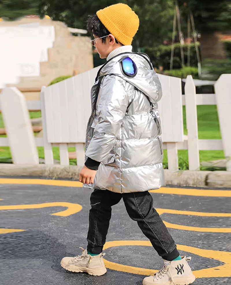 Superman de invierno para niños de 110-160cm, traje de chaquetas de pato blancas, ropa de abrigo acolchada con luz cálida,