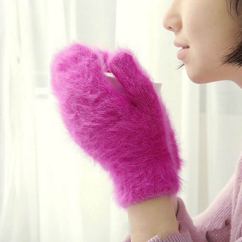 Frauen Mädchen Kaninchen Haar Handschuh Winter Dicken Flauschigen Weiche Fäustlinge Weihnachten Einfarbig Freien Nette Warme Handschuhe: Rose verrotten