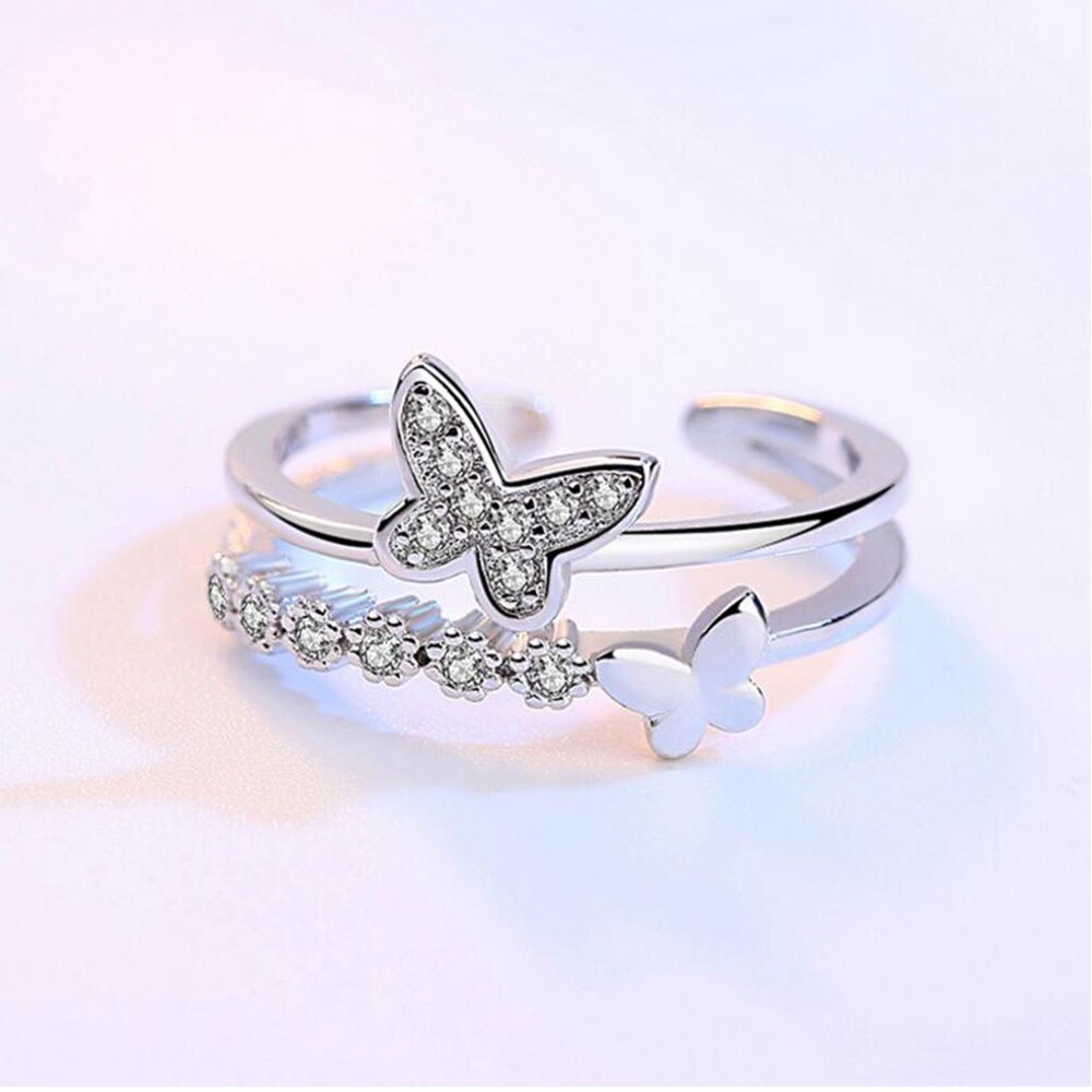 Anenjery nouvelle couleur argent bague de mariage pour les femmes papillon Zircon anneau d'ouverture saint valentin S-R132