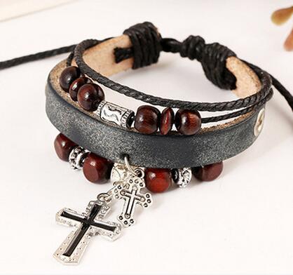 4 Layers Charm Bracelet for Women Men Leather Rope String Beads Jesus Christ Cross Jewelry 17cm Adjustable Handmade: deep blue