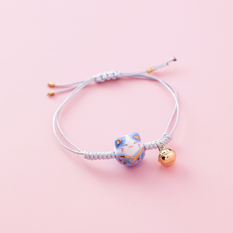 Doreen-pulsera de cuerda de gato de cerámica Kawaii para mujer, brazalete sencillo tejido a mano, cuentas de borla, joyería de de estilo japonés: Big Cat-Blue