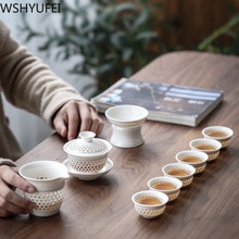 A set of white porcelain Tea set tea set home hollow hollow cellling tea set a whole set of household ceramic tea set