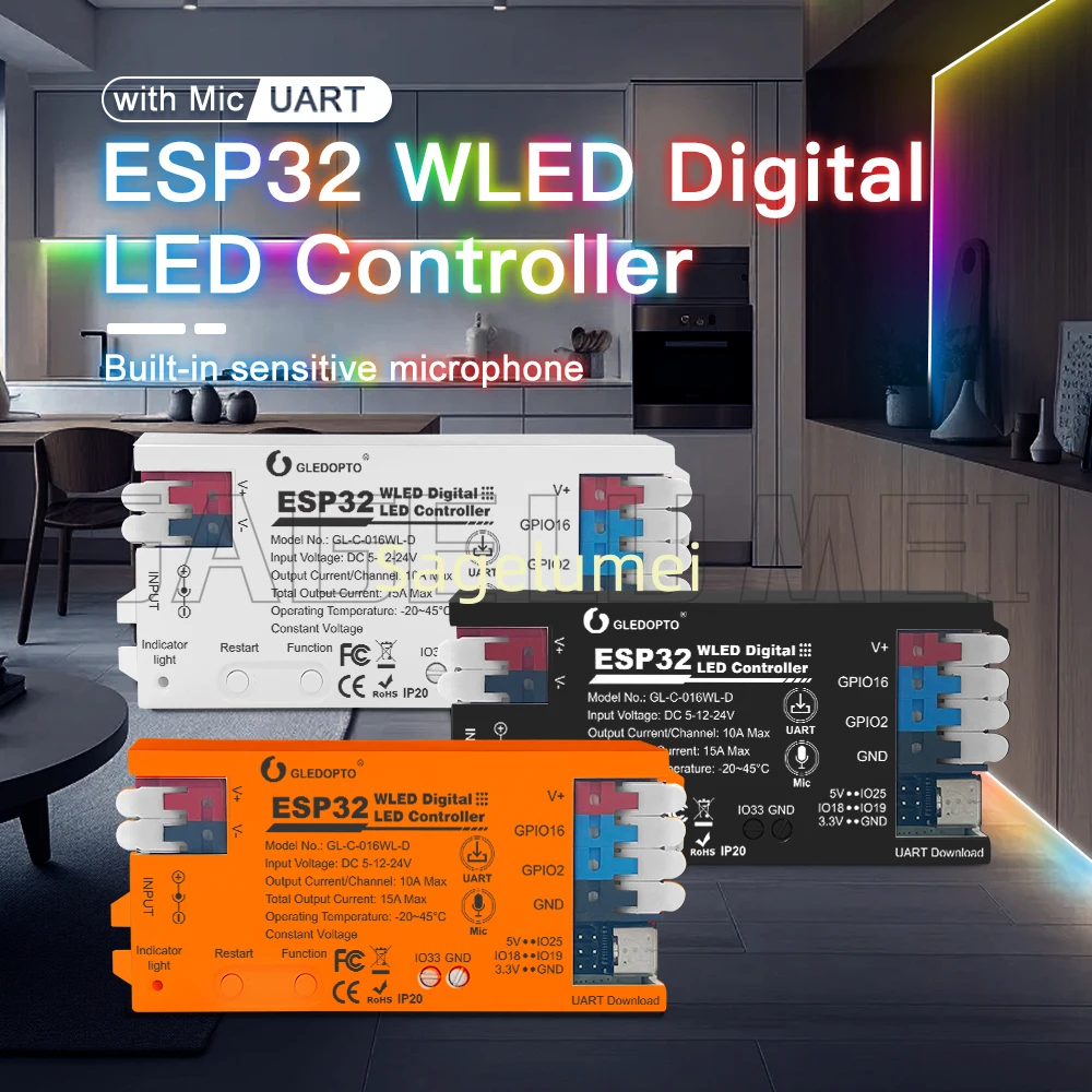 WLED LED Controller GL-C-016WL-D DC 5-24V GLEDOPTO ESP32 Supported WS2811, SK6812, SM16703P, WS2812 Strip Light