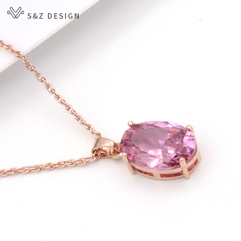 S&Z Oval Egg Shape Cubic Zirconia 585 Rose Gold White Gold Pendant Necklace For Women Wedding Party Jewelry: RGPK