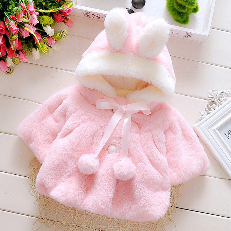 0-4Y Newborn Infant Kids Baby Girls Winter Fur Coat Cloak Bunny Ear Hooded Coat Warm Jacket Snowsuits Outwear Outfits Clothes: Pink / 18M