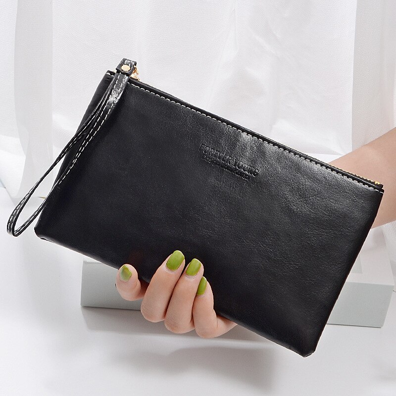 Solid Men Women Wallets PU Leather Bag Zipper Handy Clutch Coin Purse Phone Key Holder Wristlet Portable Travel Handbag: Black