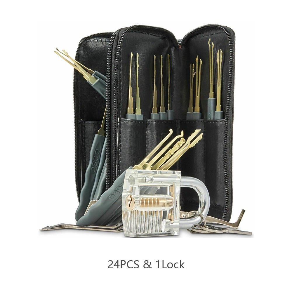 Locksmith Supplies Hand Tools With Practice Lock Pick Set Tension Wrench Broken Key Tool Combination Padlock Hardware Tools: 3 Transparent Lock / 24Pcs Lockpick Tools