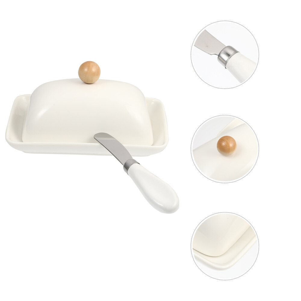 1pc Butter Dish with Lid Ceramic Butter Box Butter Container with Cutter: White