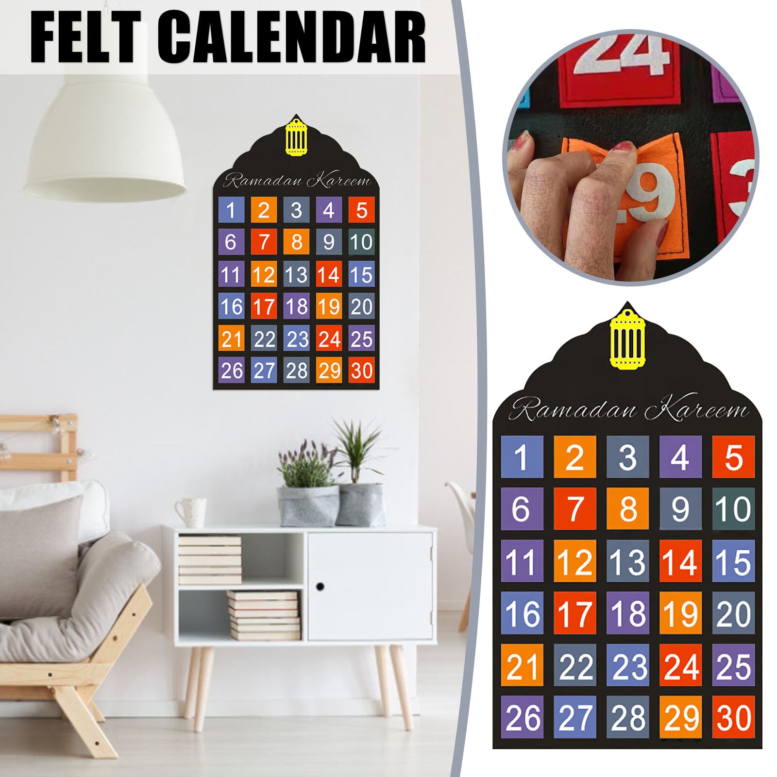 Hanging Felt 30 Day Living Room Eid Mubarak Muslim Home Decor Ramadan Calendar Countdown for Kids Party Decorations: D