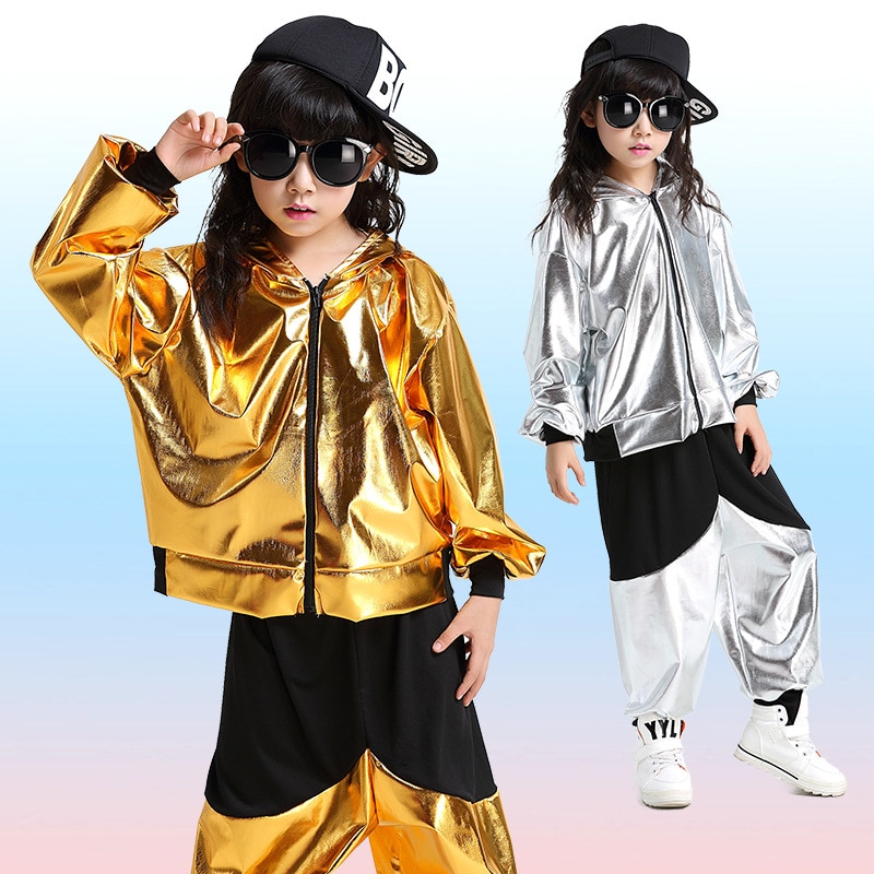 Kind Meisje Jongen Prestaties Goud Zilver Hip Hop Hiphop Jazz Moderne Ballroom Break Dance Pak Kostuum Hooded Tops Broek