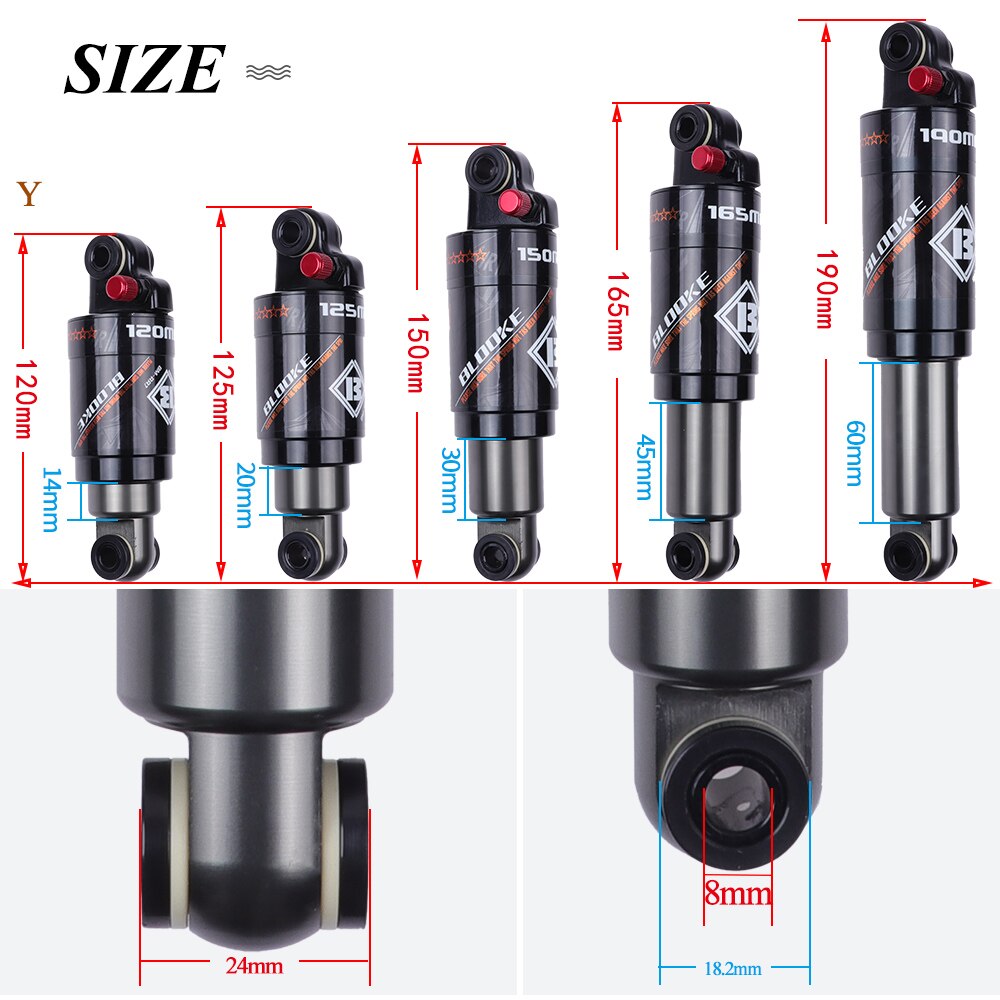 BLOOKE-amortiguador trasero de aire único para bicicleta eléctrica, suspensión de choque para Scooter de montaña, 125, 150, 165, 190 MM