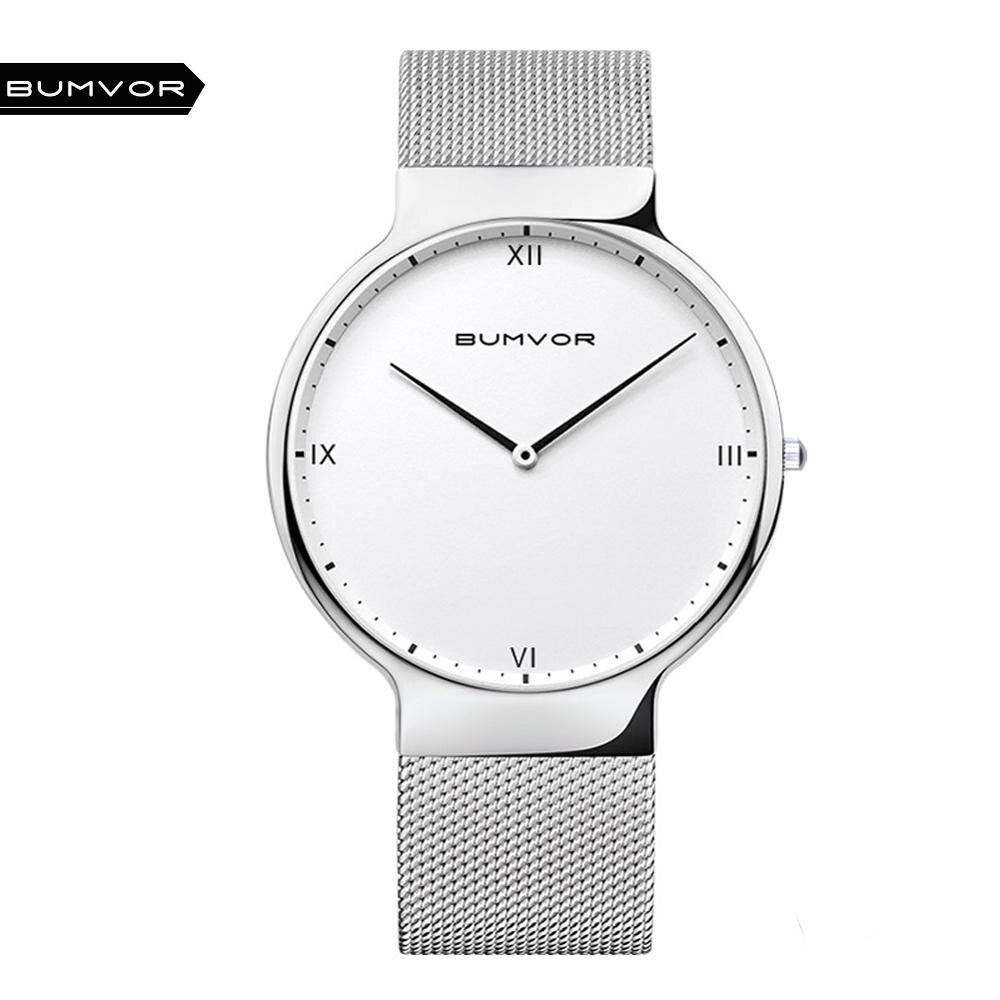 BUMVOR Ultra Dunne Horloges Mannen Quartz Rvs heren Horloges Klok Man Casual Horloges Bering Stijl: SLIVER WHITE