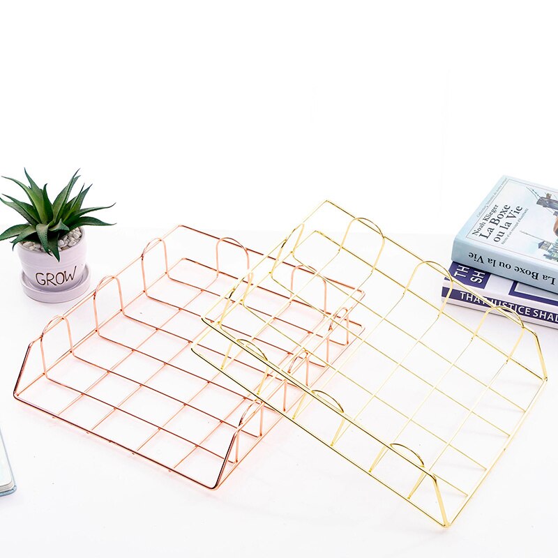 Rose Gold Wrought Iron Storag Rack Magazine Book Holder Stand Metal Baskets Office Desktop File Organizer Cosmetic Storage Box