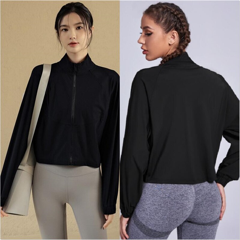 Damen-sport-fitness-tops, yoga-kleidung, jacke, stehkragen, reißverschluss-cardigan, locker, dünn, laufbekleidung, lange ärmel, damen-fitnessstudio-training