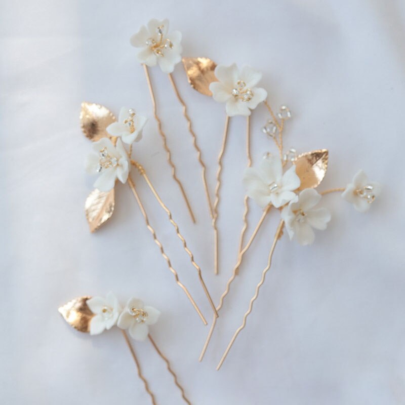 SLBRIDAL fatto a mano Ceram Fiore del Foglio Della Lega di Perle Da Sposa Capelli Spille Capelli etichetta Accessori per Capelli Da Sposa Damigelle D'onore Dei Monili Delle Donne