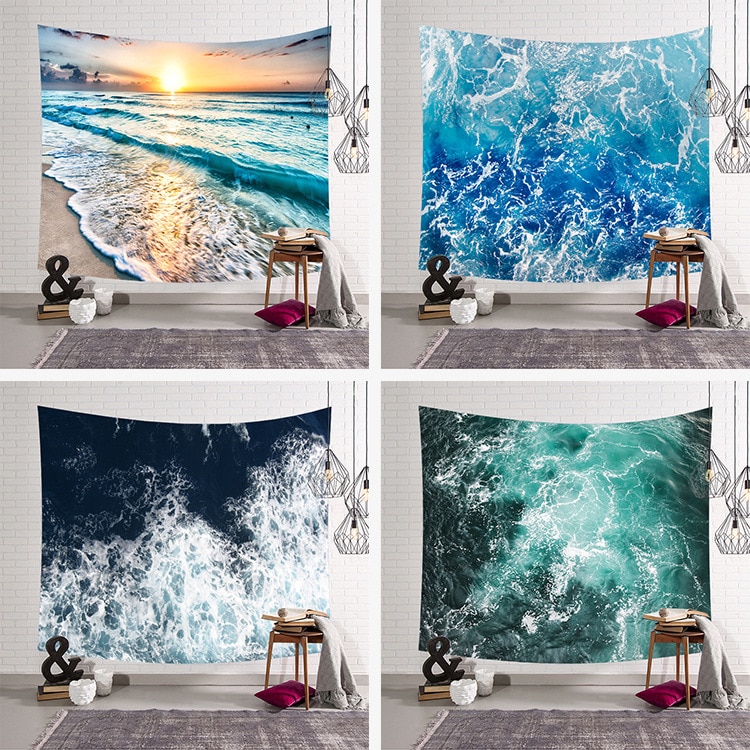 Tapisserie mer soleil océan plage tenture murale eau paysage plage décor bleu nuage bleu mousseux à la main polyester couverture
