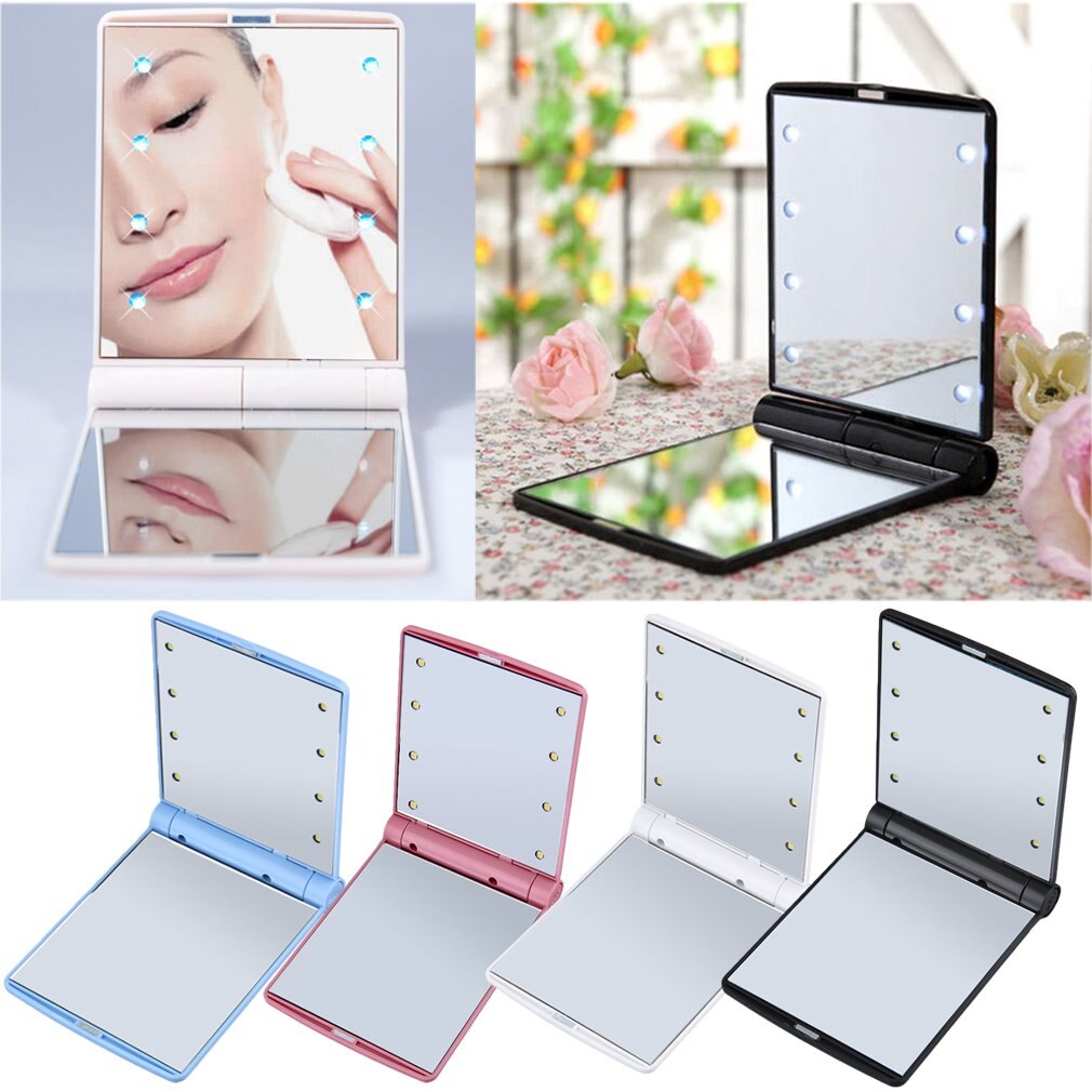 Faible Consommation D'énergie Portable 8 MIROIR DE MAQUILLAGE À LED Lumières Femmes Visage Maquillage Cosmétique miroirs De Bureau Miroir De Poche Pliable