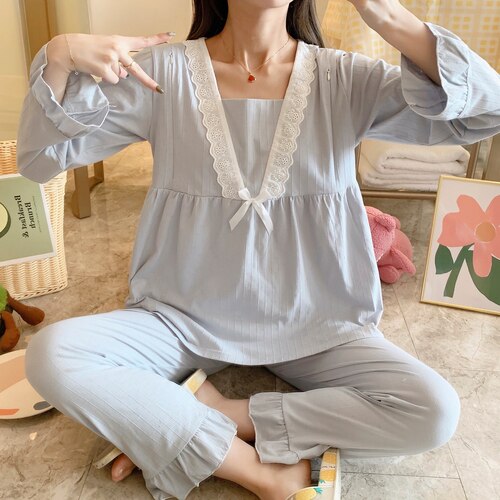 Maternity Pajamas Spring Summer Thin Loose Casual Solid Color Modal Confinement Clothing Maternity Home Service Suit: Blue / XXL