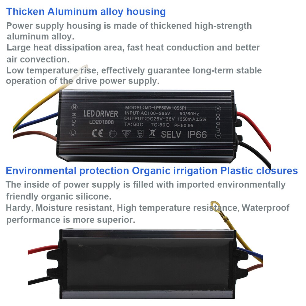 LED Driver 50W - 1350mA - AC 100-265V - IP66 Vattentät - Aluminium Strömförsörjning