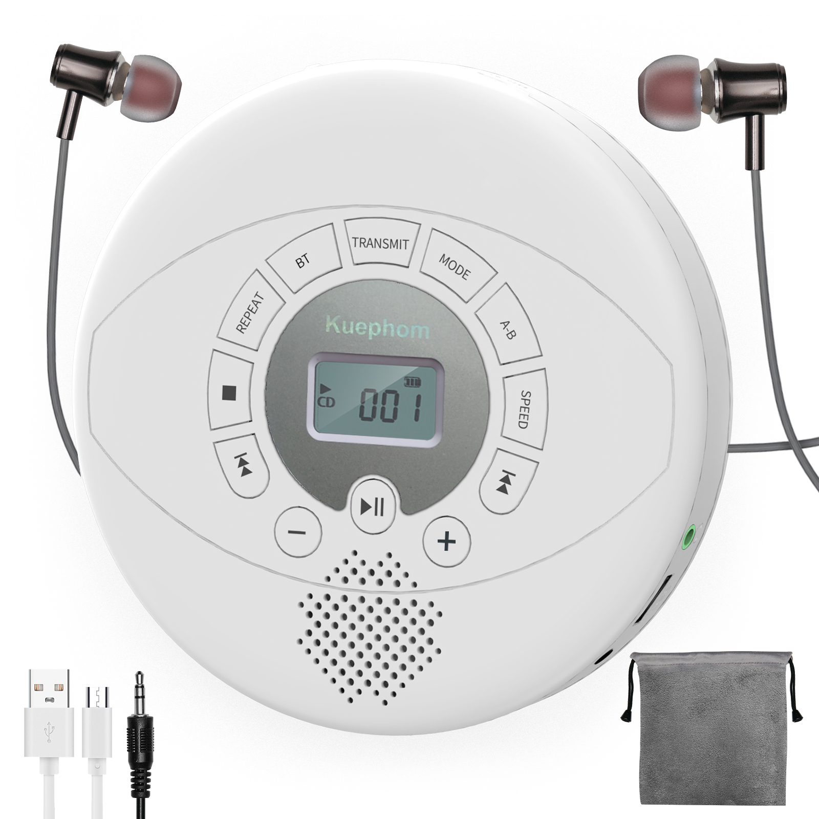 Bærbar cd-afspiller med bluetooth genopladelig discman med højttaler og øretelefoner walkman cd med højttaler og bluetooth-sender: Hvid
