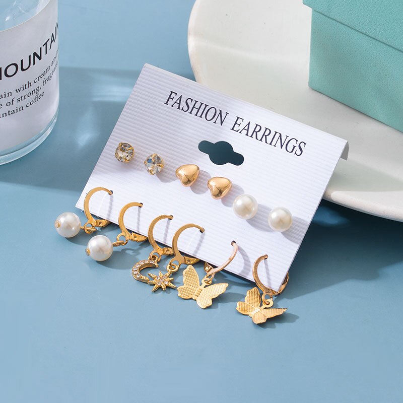 Women's Earrings Pearl Butterfly Earrings Set For Women Bohemian Jewelry 2022 Geometric Heart Crystal Small Stud Earring: 792