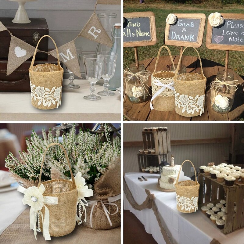 Ślub koronkowy jutowy kwiat kosz lniany uchwyt Vintage rustykalny ślub ceremonia dekoracja stołu Baby Shower Party cukierki prezent torba