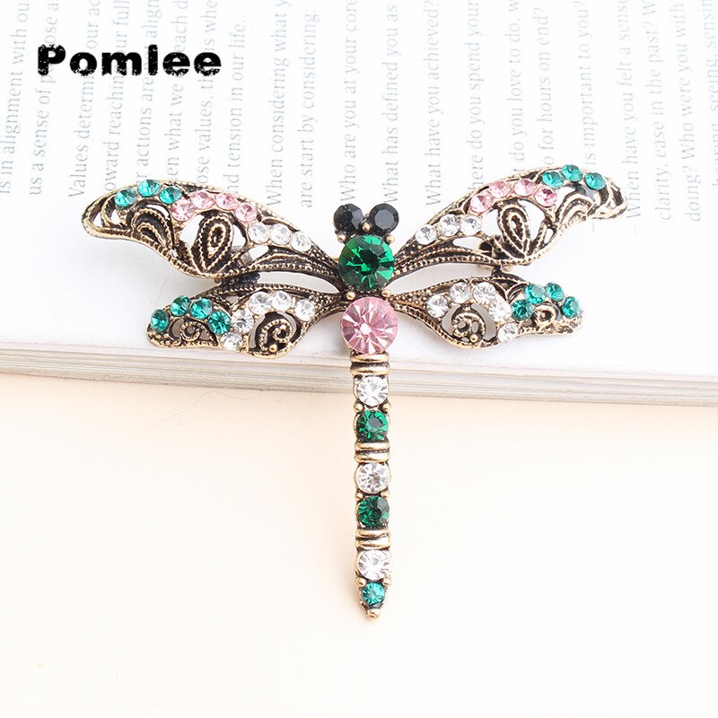 Pomlee Rhinestone Large Dragonfly Brooches For Women Vintage Coat Brooch Pin Insect Jewelry 2 Colors Available