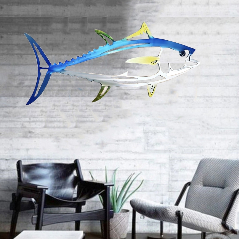 Simulation Metal Shark Tuna Pendant Wall Decor Metal Fish Sculpture Wall Art Hanging Ornament for Living Room