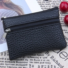 Men's and women's wallet multi-function leather coin purse zipper mini wallet cute card coin small purse wallet: Black