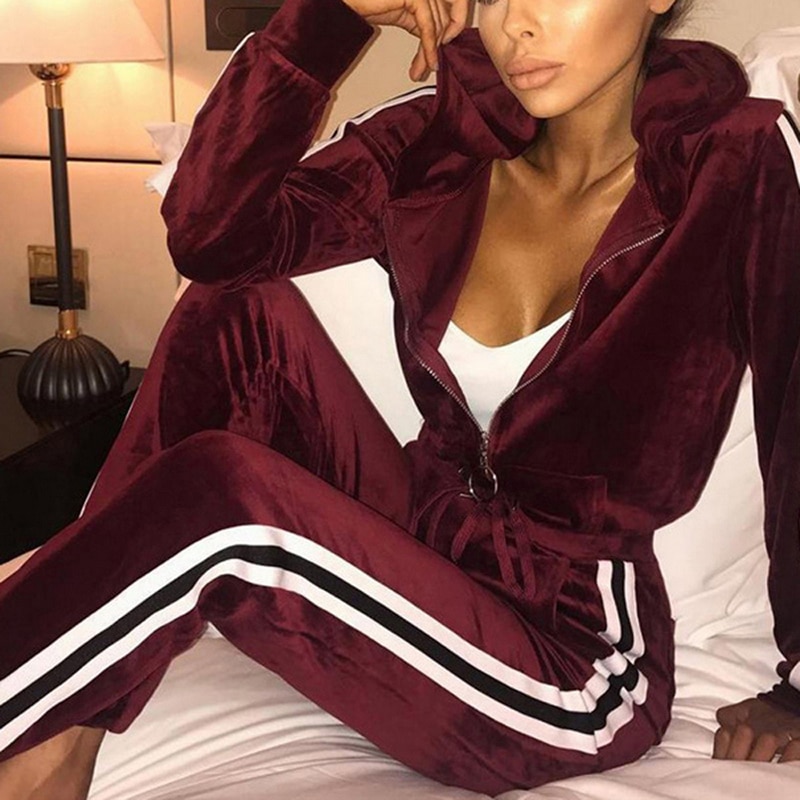 Womens Sportswear spring Winter Warm Velvet Tracksuit 2 Piece Striped hoodies Sweatshirt +Pant Sets Sweat Suit female Clothing