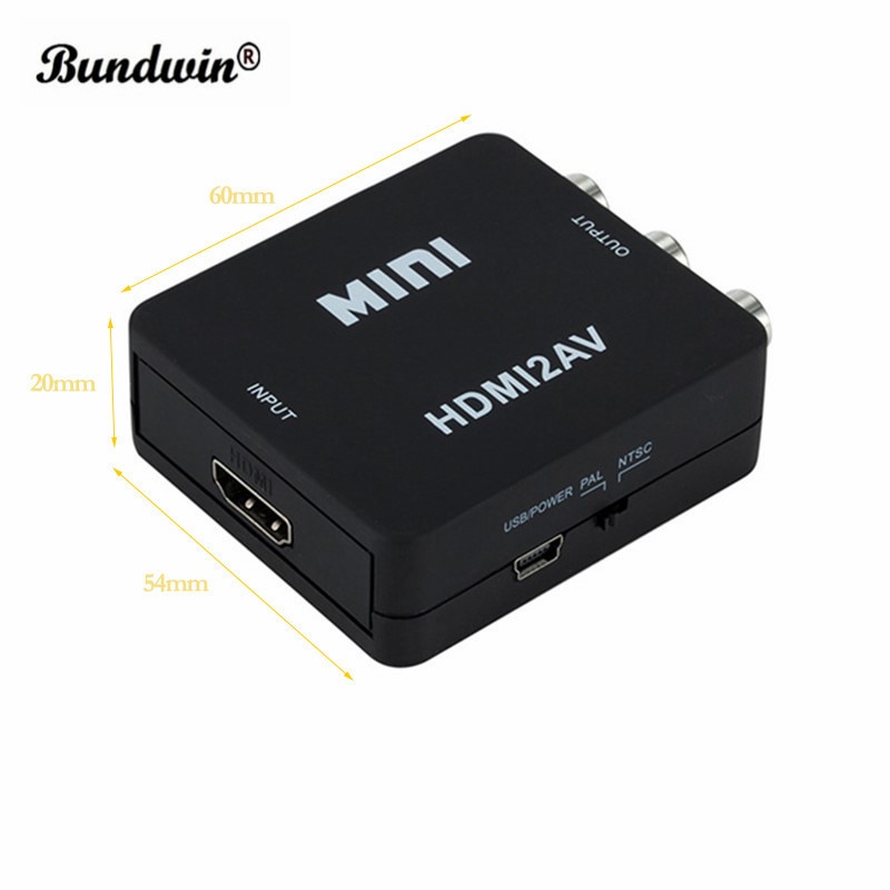 Bundwin mini hdmi till rca av/cvbs kompositvideo av omvandlaradapter hdmi 2av för tv vhs videobandspelare dvd