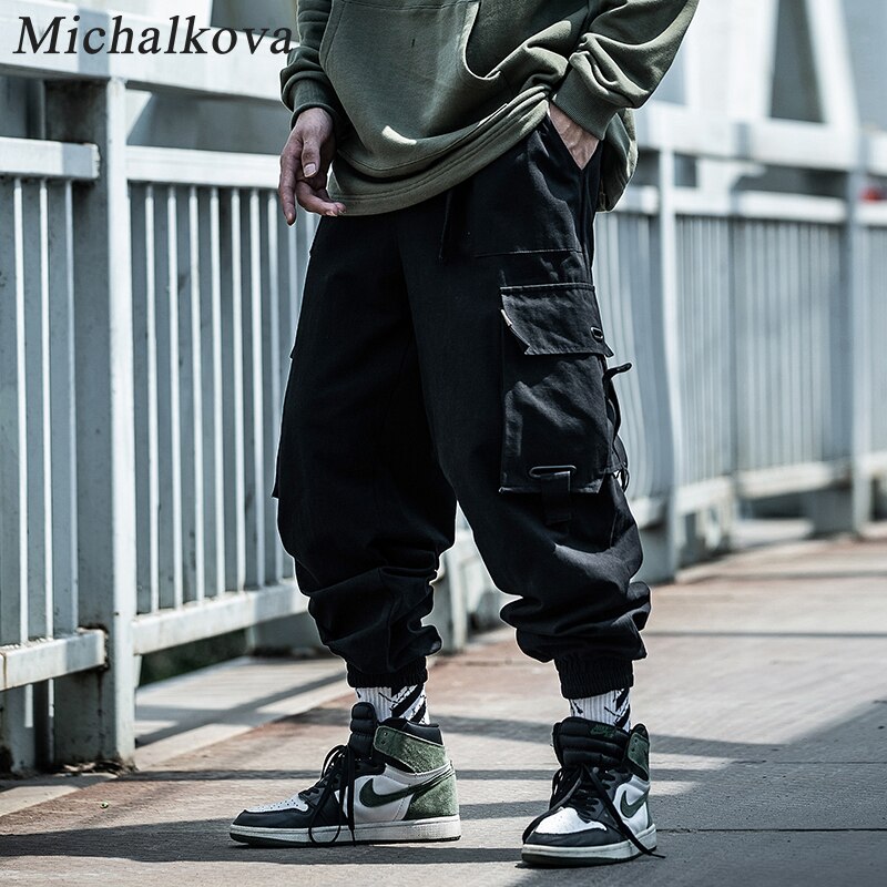 ¡Novedad del 2020SS! Pantalones de paracaidista michalkova para hombre, pantalones de sudadera con bolsillos grandes multifunción, pantalones casuales, pantalones, mallas, pantalones Cargo: XXL / Black