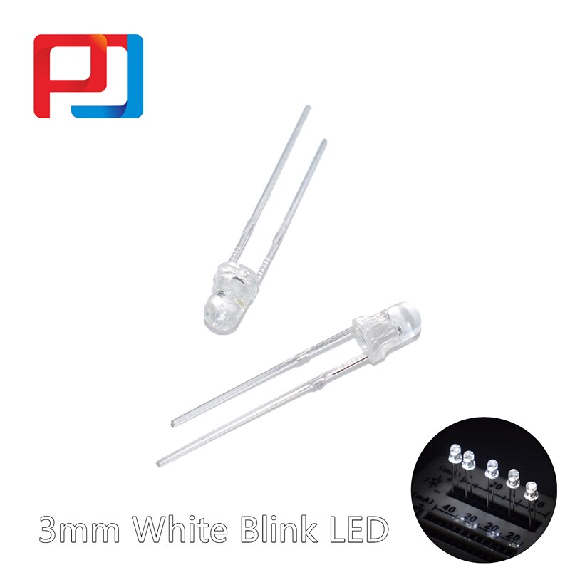 100 st 3mm led-dioder blinkar blinkande vit/röd/blå/grön/gul/orange blinkande 2- stift klara intermitente emitterande dioder  f3: 3mm- vitblinkande
