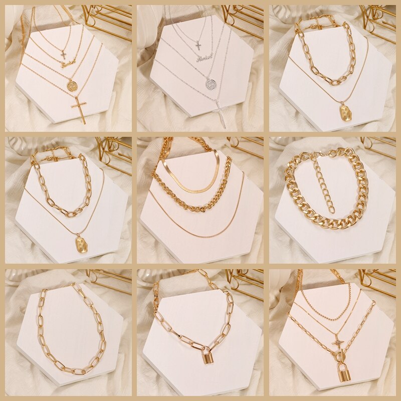 VKME Retro Coin Silver Gold Chain Necklace For Women Multi-layer Geometric Round Pendant Silver Choker Necklaces Jewelry