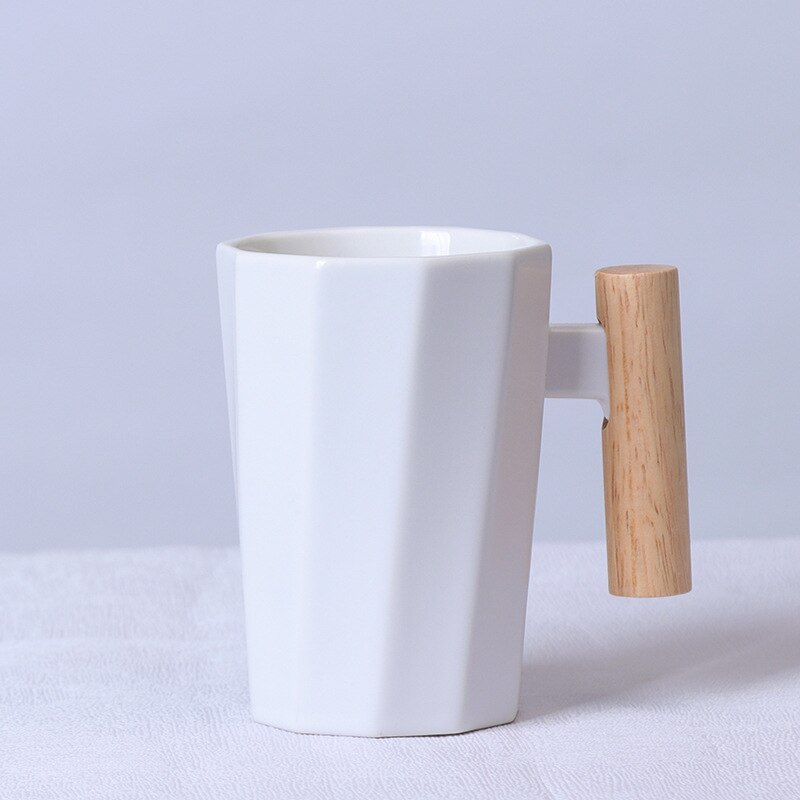 380ml Wood Handle Ceramic Coffee Mug Polygonal Office Home Milk Tea Cup For: White