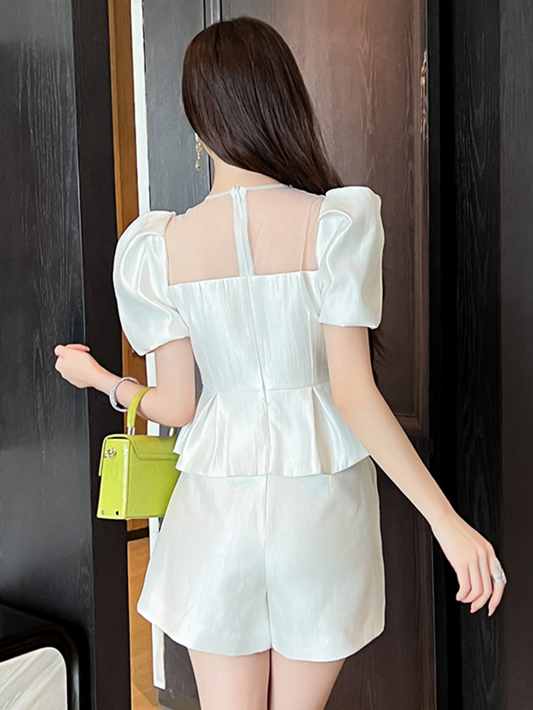 Blusa Sheer Mesh Splice para Mulheres, Manga Bubble, Camisa Bow, Elegante Tops de Cetim, Doce OL, Chique, Feminino, Festa, Roupas de Escritório