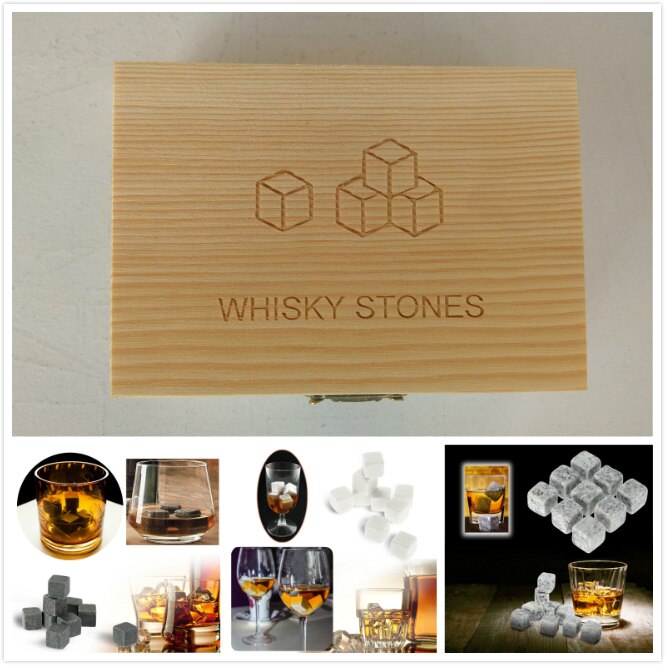3 kleuren 9 stks/set Whiskey Stones met WOORDEN houten box whisky whisky rotsen stenen kubus steen houten doos