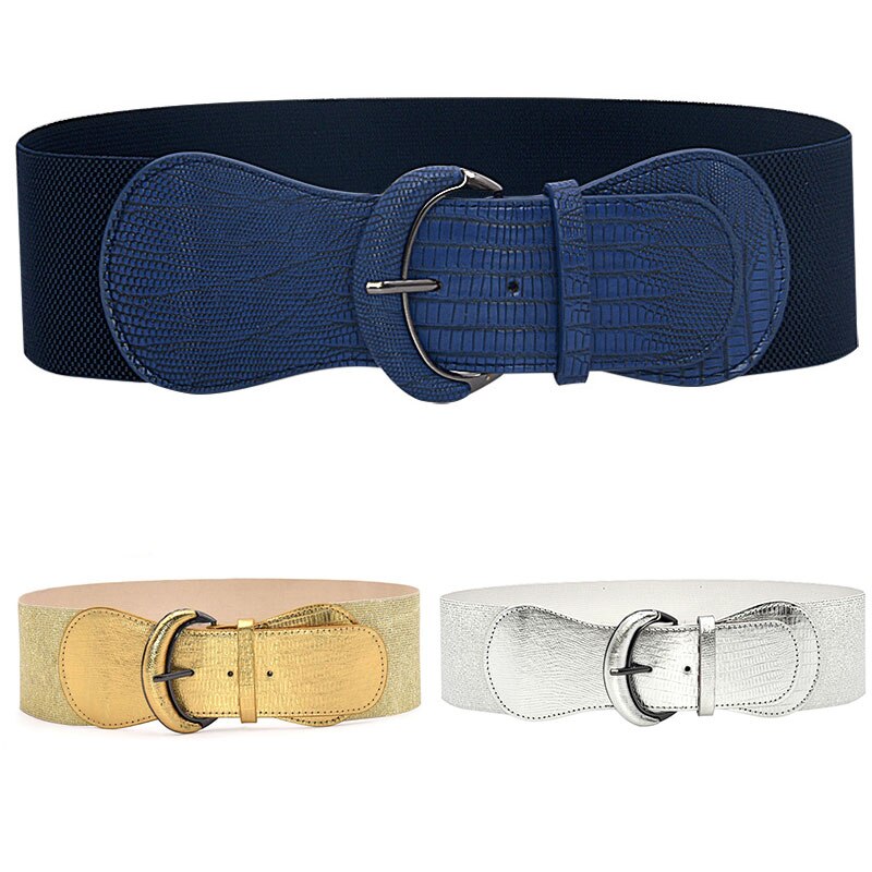Silver Blue Gold Women Wide Elastic Waist Belt Dress Belt Accessories Stretch Elastic Wide Corset Waist Metal Buckle