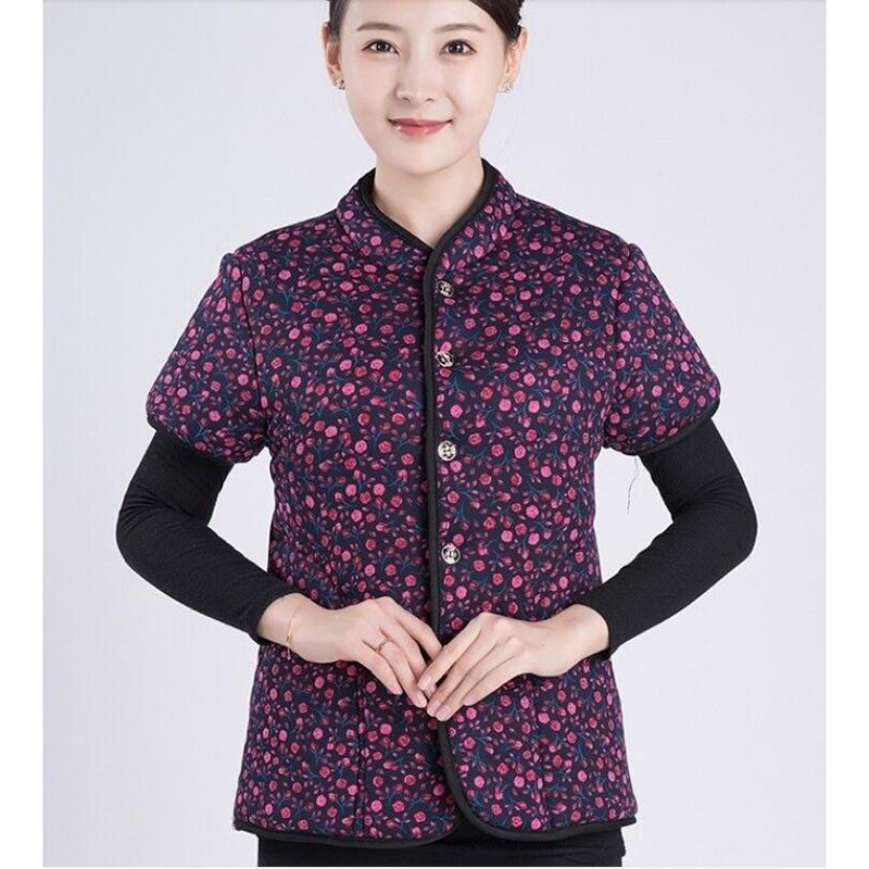 Herfst Winter Vest Parka Middelbare Leeftijd En Ouderen Vrouwen Katoenen Jas Dikker Massaal Warm Vest Korte Mouwen Jassen oma: Rose flower / 4XL