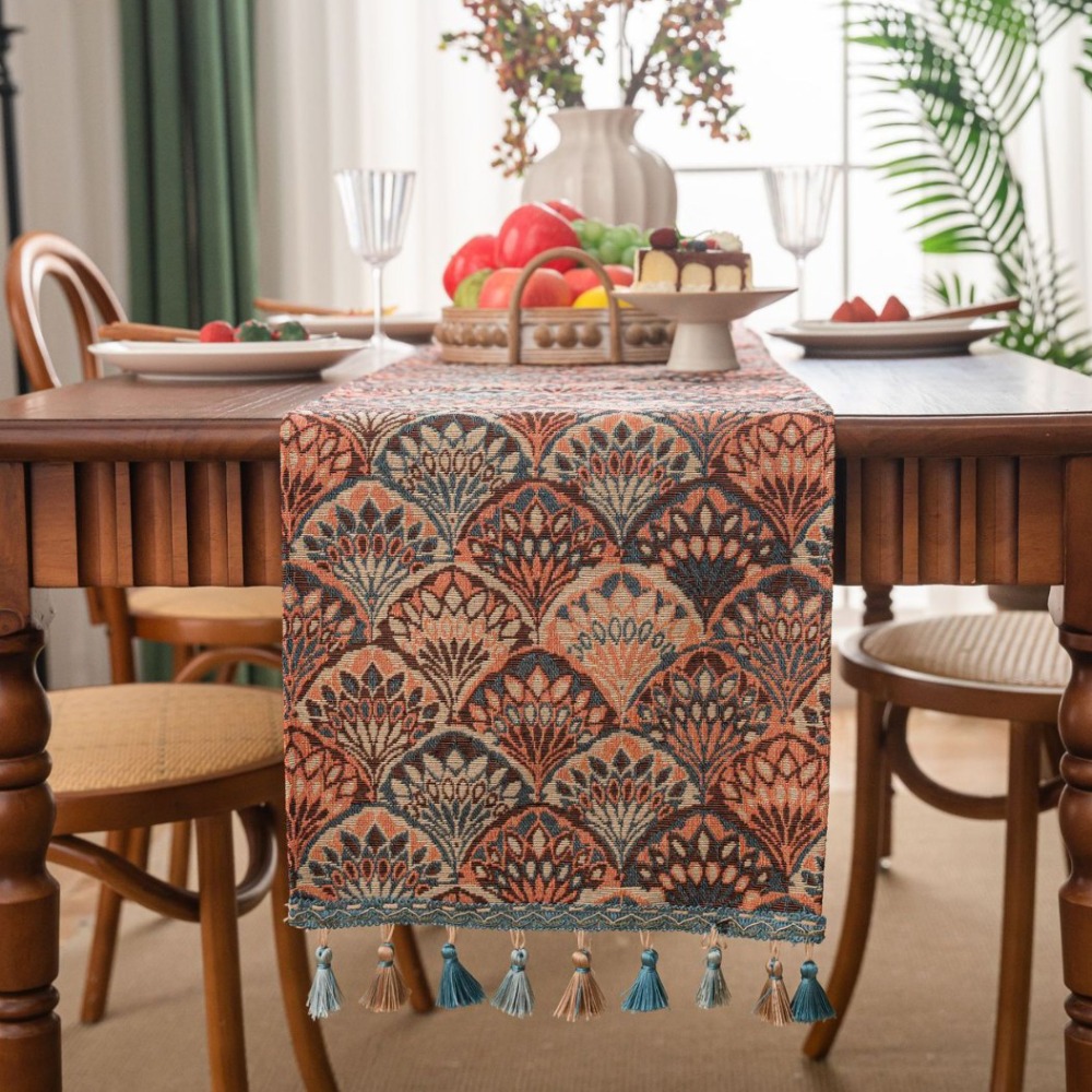 Heminredning vintage jacquard bordslöpare blommönster med tofsduk förtjockad bordsduk år: Röd