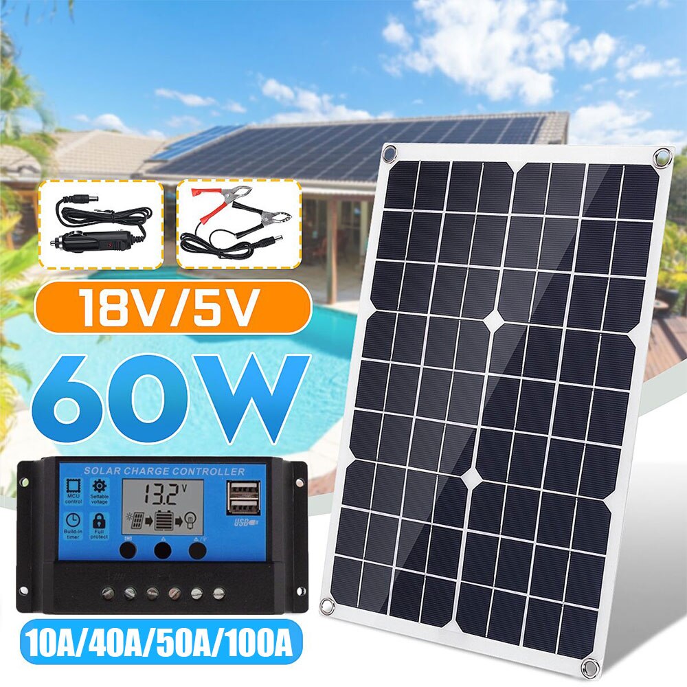 60W Solar Panel Cells Module Kit 50A/40A/10A Dual USB Solar Controller Module For Car RV Boat Home Roof Camping Solar Battery