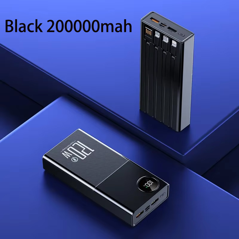 200000mAh 120W Power Bank Large Capacity Super Fast Charge Portable Power Bank With 4 Charging Cables LED Digital Display: black