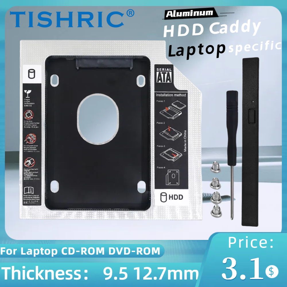 TISHRIC Aluminum 2nd HDD Caddy 9.5mm/12.7mm SATA 3.0 Hard Disk Enclosur SATA to SATA Adapter DVD HDD For Laptop DVD-ROM Optibay