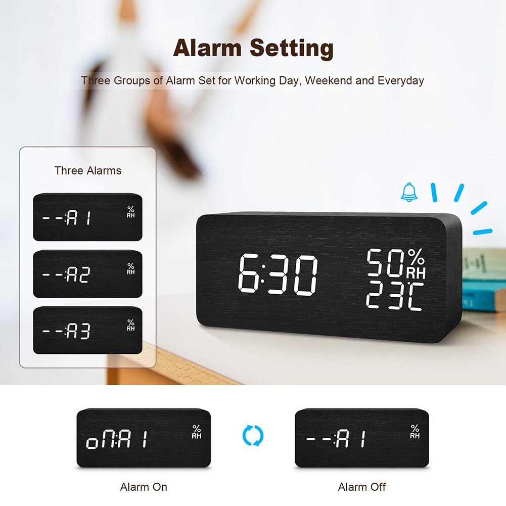 Digital Alarm Clock Wooden Watch Table Voice Control Electronic Desktop Clocks Thermometer Adjustable Brightness