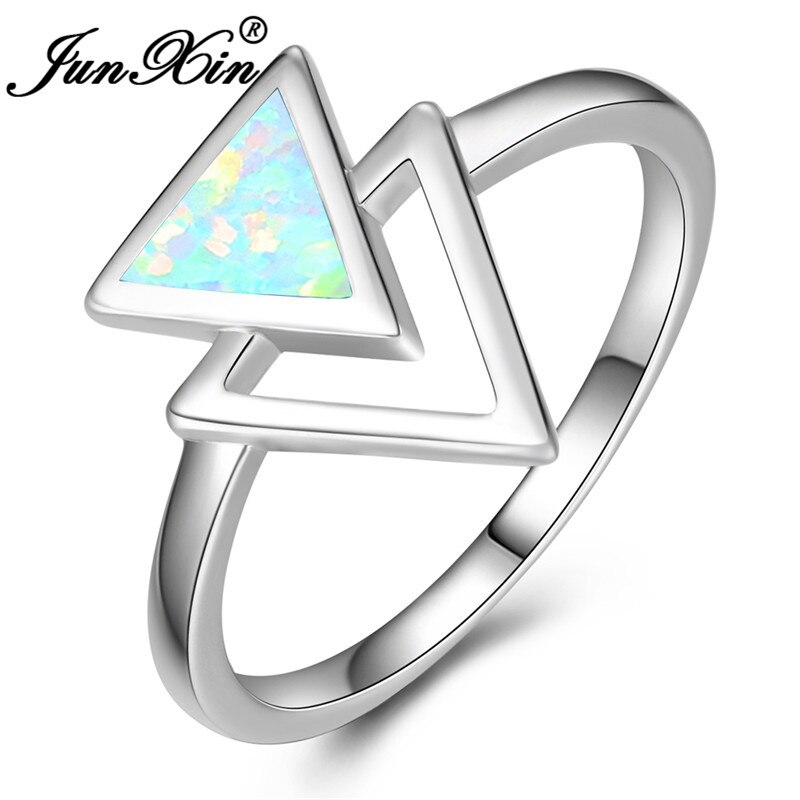 Geometrisk trekant blå hvid brand opal ringe til kvinder mænd sølvfarve simpelt bryllup band lover forlovelsesring smykker: 6 / Hvid opal ring