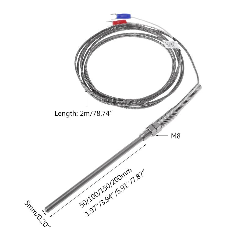 Termopar tipo K, Cable de 2m, sonda de Sensor de temperatura de rosca M8, 50mm/100mm/200mm