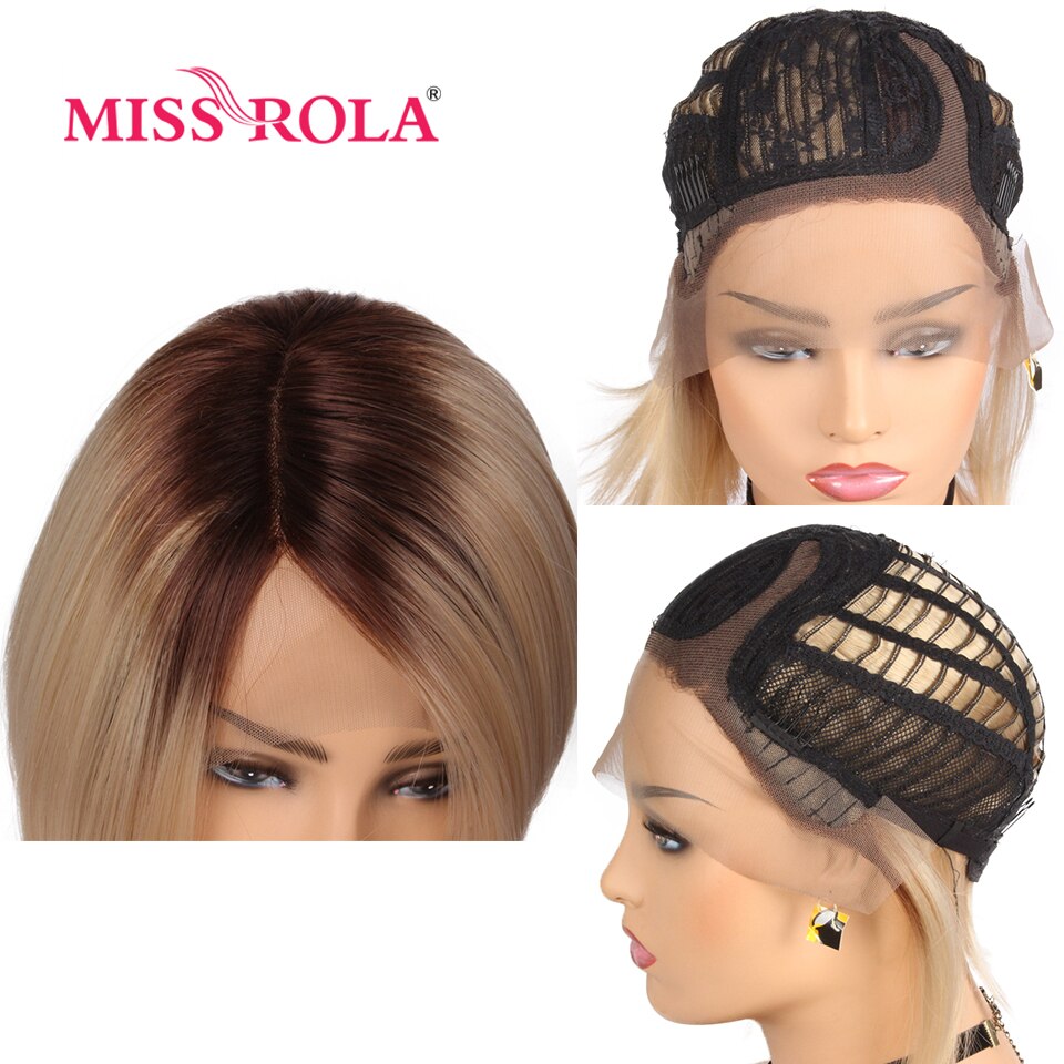 Miss Rola Synthetisch Bob Pruik Lace Front Pruik Korte Rechte Synthetische Pruik Met T Lace Deel Sluiting Ombre Blonde Kleur 150% Dichtheid