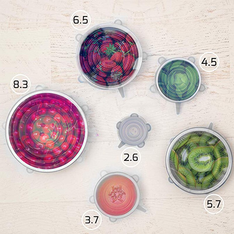Tapas elásticas de silicona de 6 uds, tapas herméticas reutilizables para envolver alimentos, cubiertas para mantener el bol sellado fresco, cubiertas elásticas para envolver, utensilios de cocina