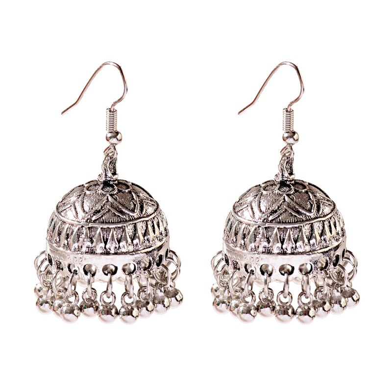 Tophanqi Bollywood Oxidized Big Bell Dangle Earrings For Women Green Leaf Carved White Beads Tassel Indian Jewelry Earring: Sliver